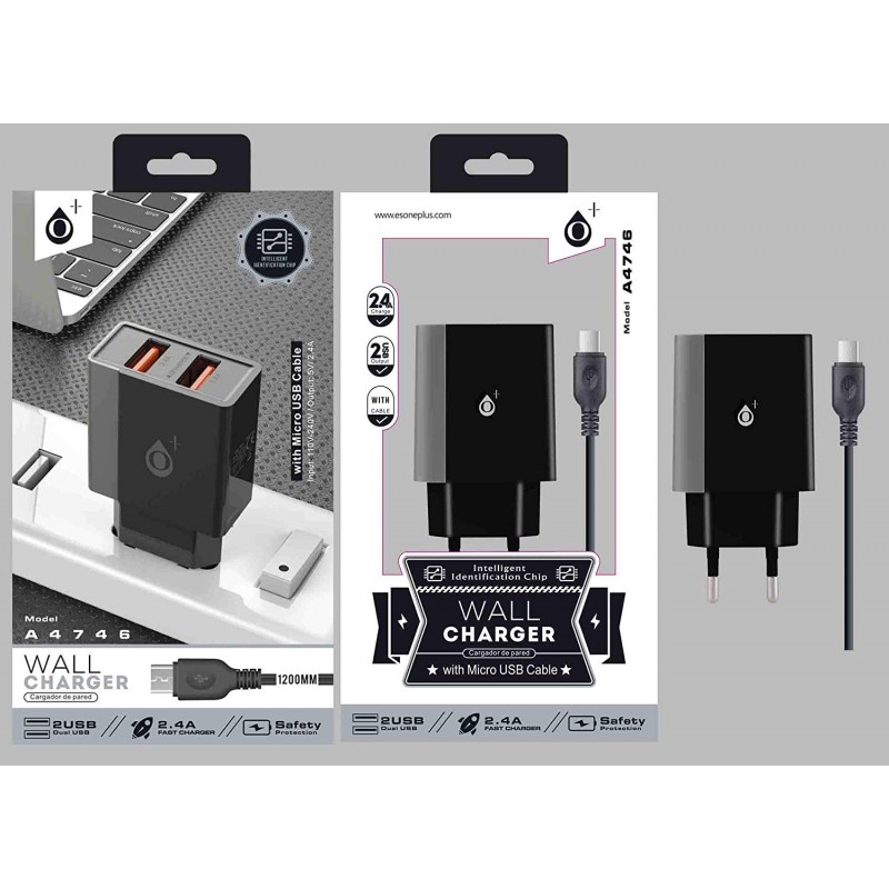 Cargador Coche Cable MicroUsb (2 x Usb) 2.4A Kit 2 en 1 Negro